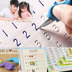 SHNMN Sank Magic Practice Copybook, (4 BOOK +1 PEN + 10 REFILL) Number Tracing Book for Preschoolers with Pen, Magic calligraphy books for kids Reusable Writing Tool