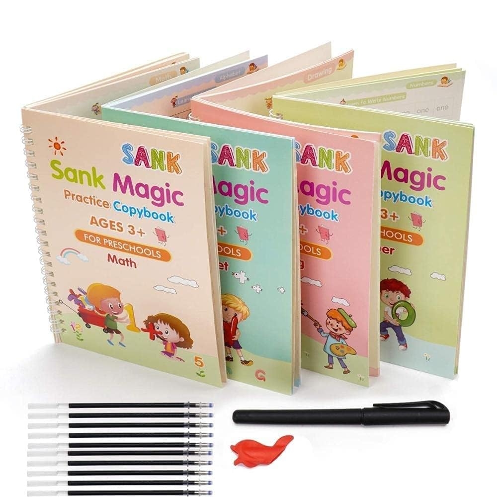 SHNMN Sank Magic Practice Copybook, (4 BOOK +1 PEN + 10 REFILL) Number Tracing Book for Preschoolers with Pen, Magic calligraphy books for kids Reusable Writing Tool - Image 2
