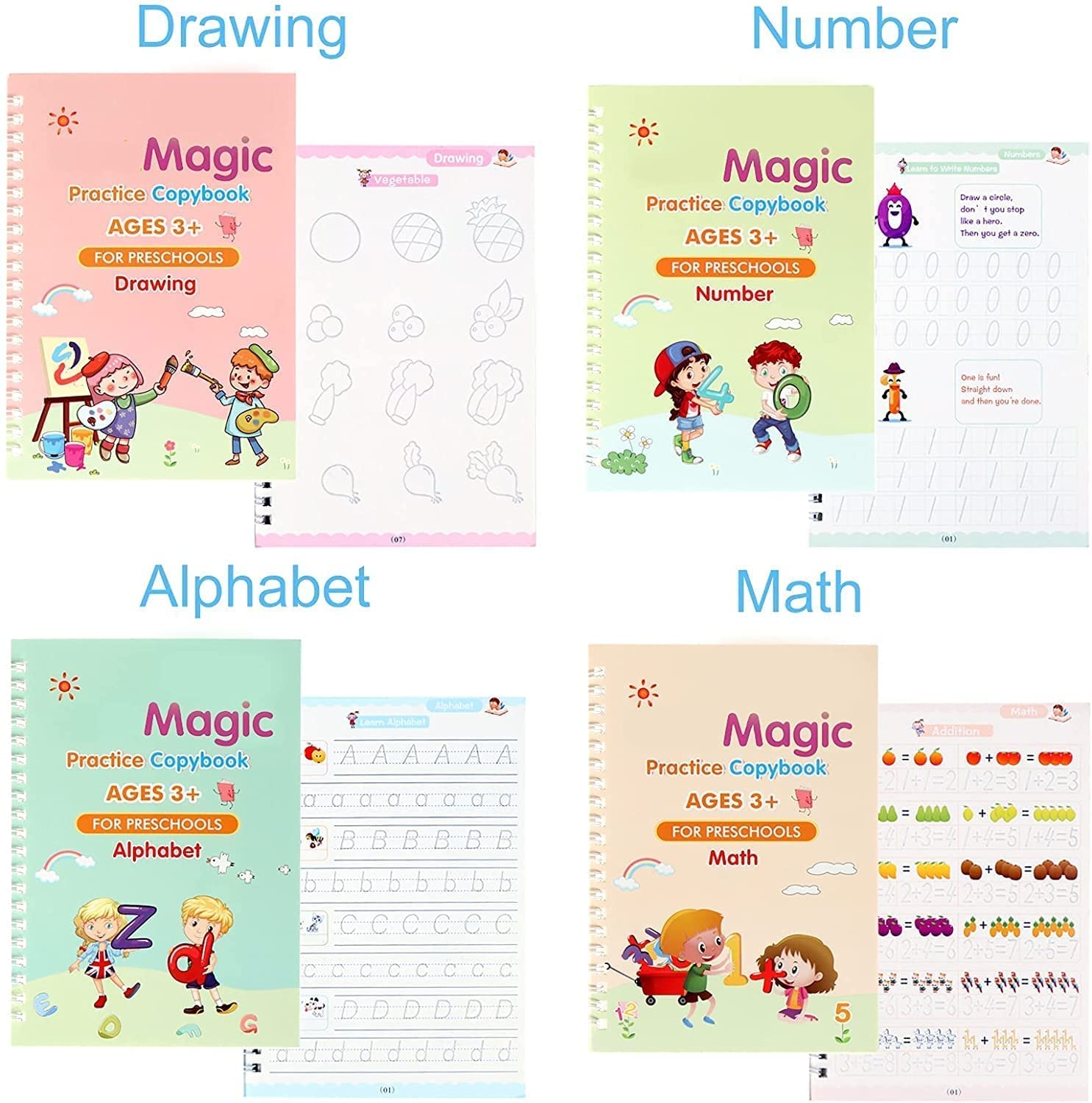 SHNMN Sank Magic Practice Copybook, (4 BOOK +1 PEN + 10 REFILL) Number Tracing Book for Preschoolers with Pen, Magic calligraphy books for kids Reusable Writing Tool - Image 4