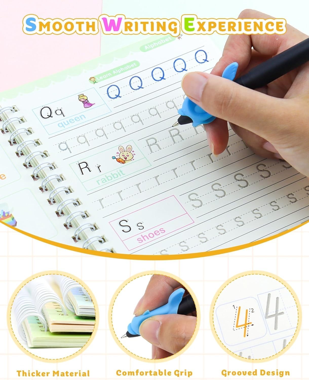 SHNMN Sank Magic Practice Copybook, (4 BOOK +1 PEN + 10 REFILL) Number Tracing Book for Preschoolers with Pen, Magic calligraphy books for kids Reusable Writing Tool - Image 8