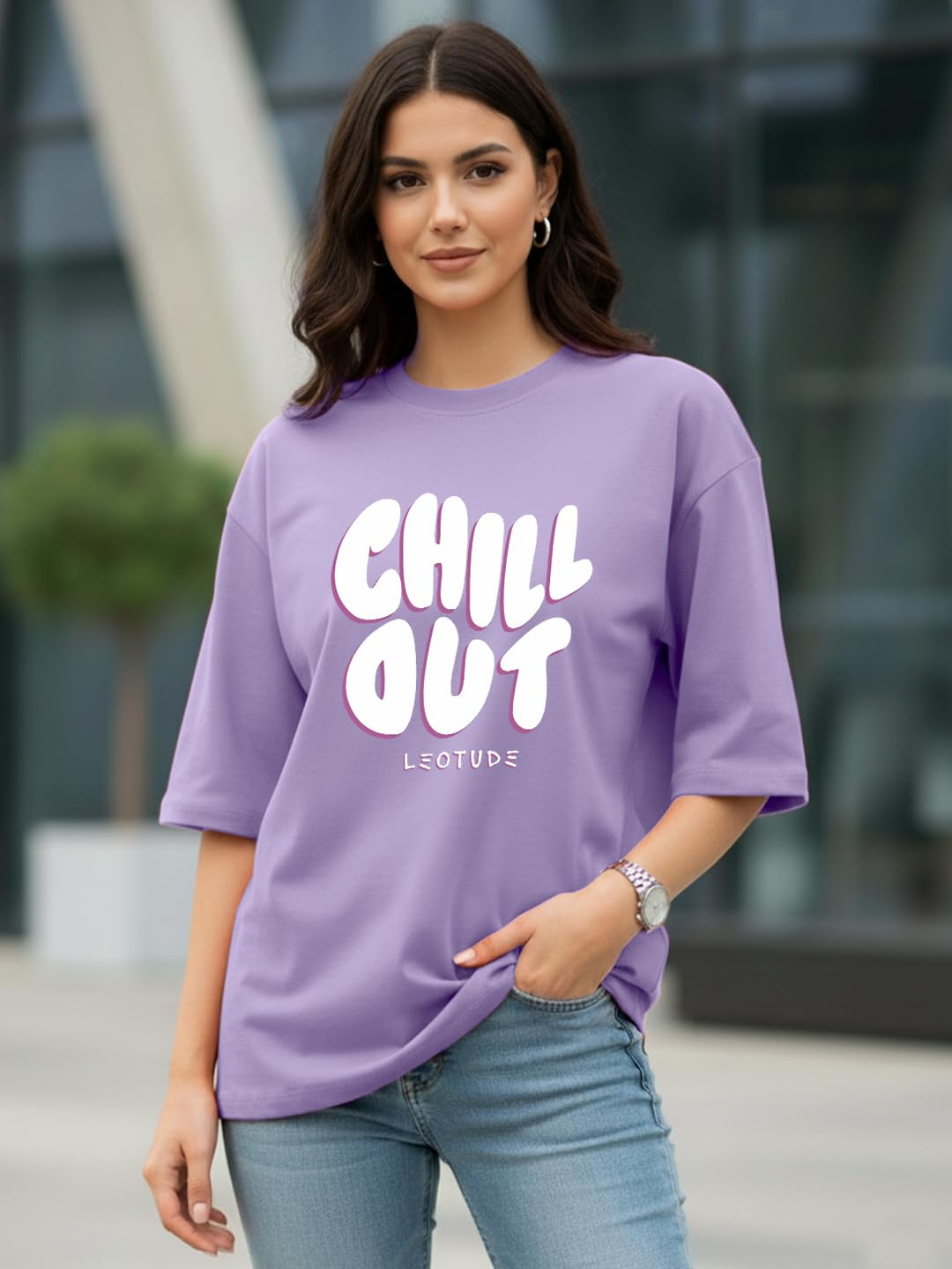 Women's Cotton-Blend Oversized Round-Neck T-Shirt - Image 21