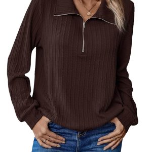 Half Zip Textured Long Sleeve Top